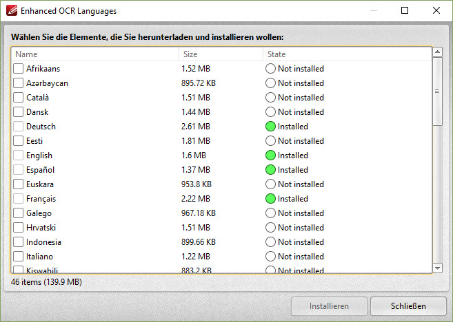 OCR Plugin Sprachen