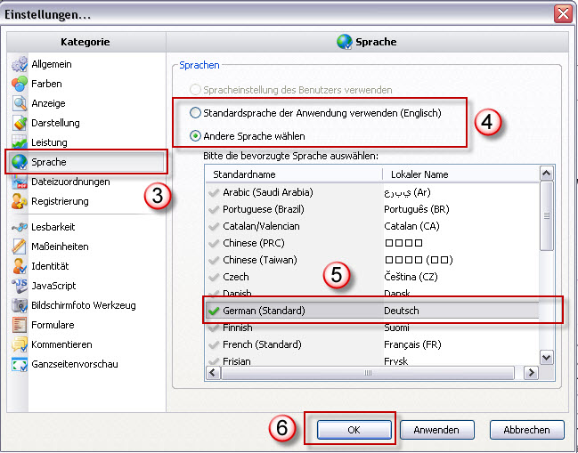 PDF-XChange Spracheinstellung
